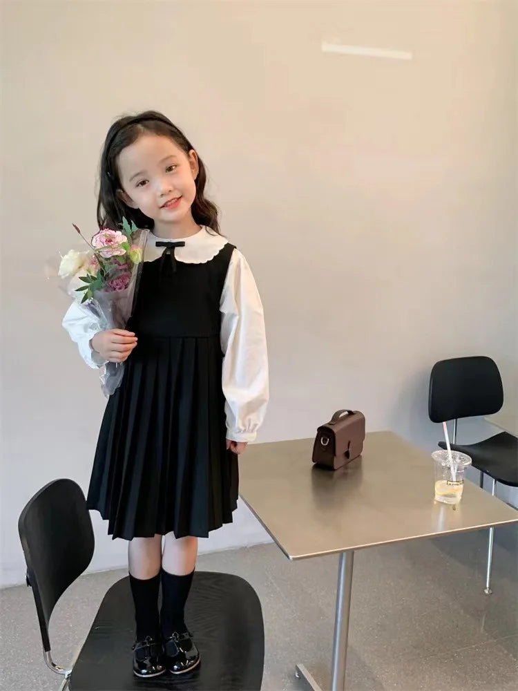 School Uniform Girls Sundress Children White Long Sleeve Blouse+sleeveless Dress 2 Piece Sets Baby Top Skirts Suit Kids Dresses