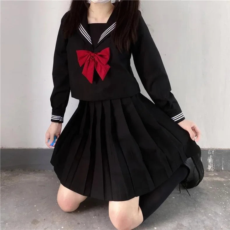 2025 Japanese School Uniform Girls Jk Suit Red Tie Black Oversized Patchwork Basic Sailor Uniform Women Long Sleeve Suit