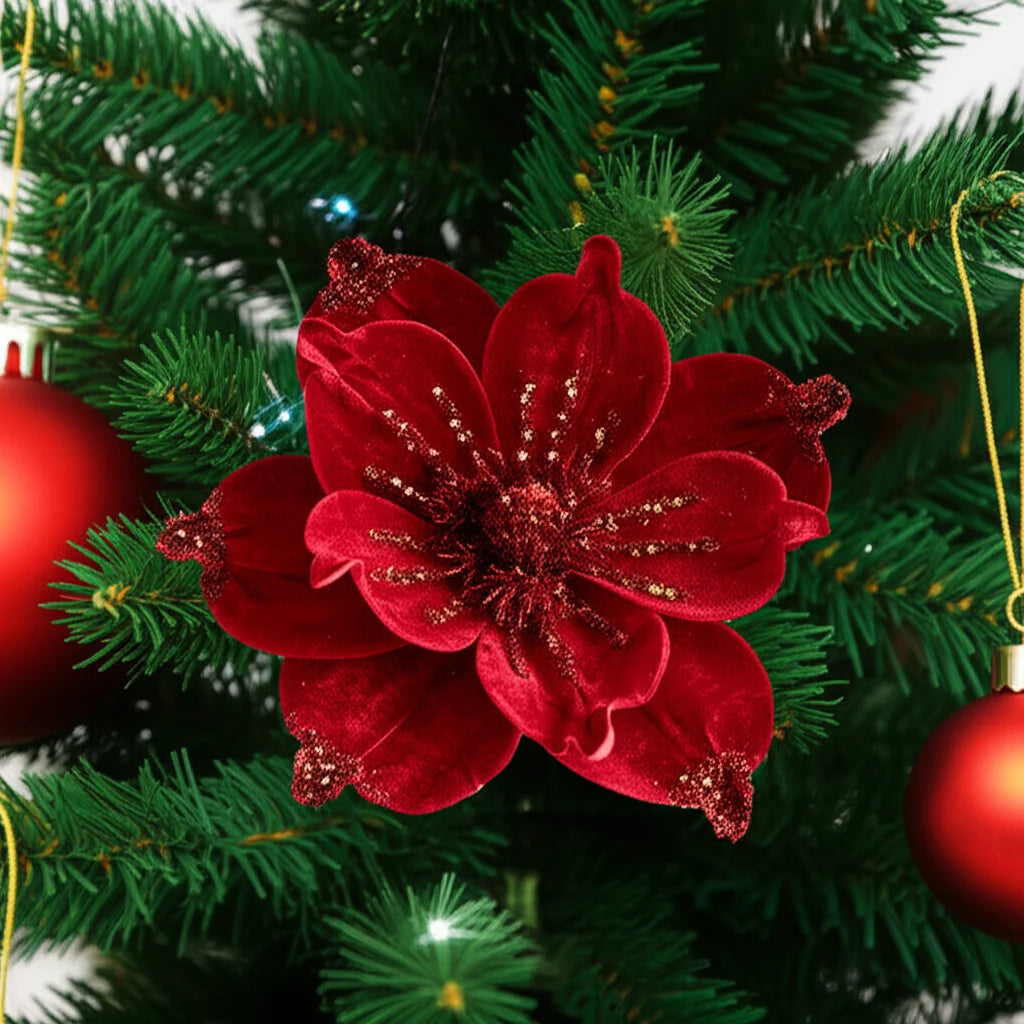Christmas Tree Poinsettia Flower Cream White Velvet Magnolia Artificial Floral Ornaments for Xmas Decoration Wedding Centerpiece