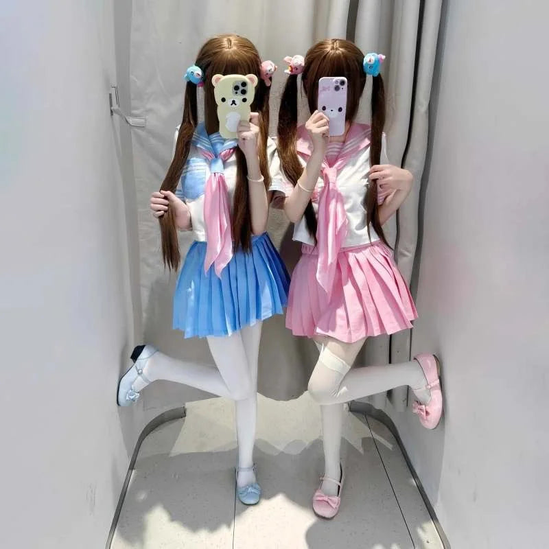 New Japanese School Uniform Girl Jk Suit Sexy Spring and Autumn Navy Pink Tie Cosplay Sailor Uniform Middle School Clothing