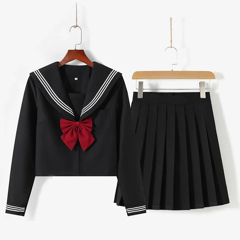 2025 Japanese School Uniform Girls Jk Suit Red Tie Black Oversized Patchwork Basic Sailor Uniform Women Long Sleeve Suit
