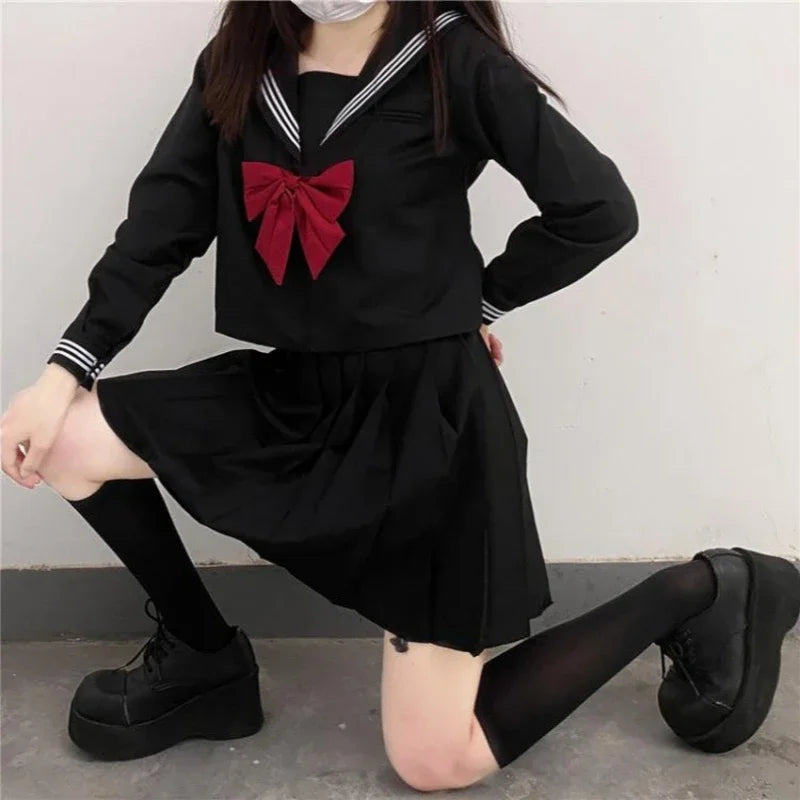 2025 Japanese School Uniform Girls Jk Suit Red Tie Black Oversized Patchwork Basic Sailor Uniform Women Long Sleeve Suit