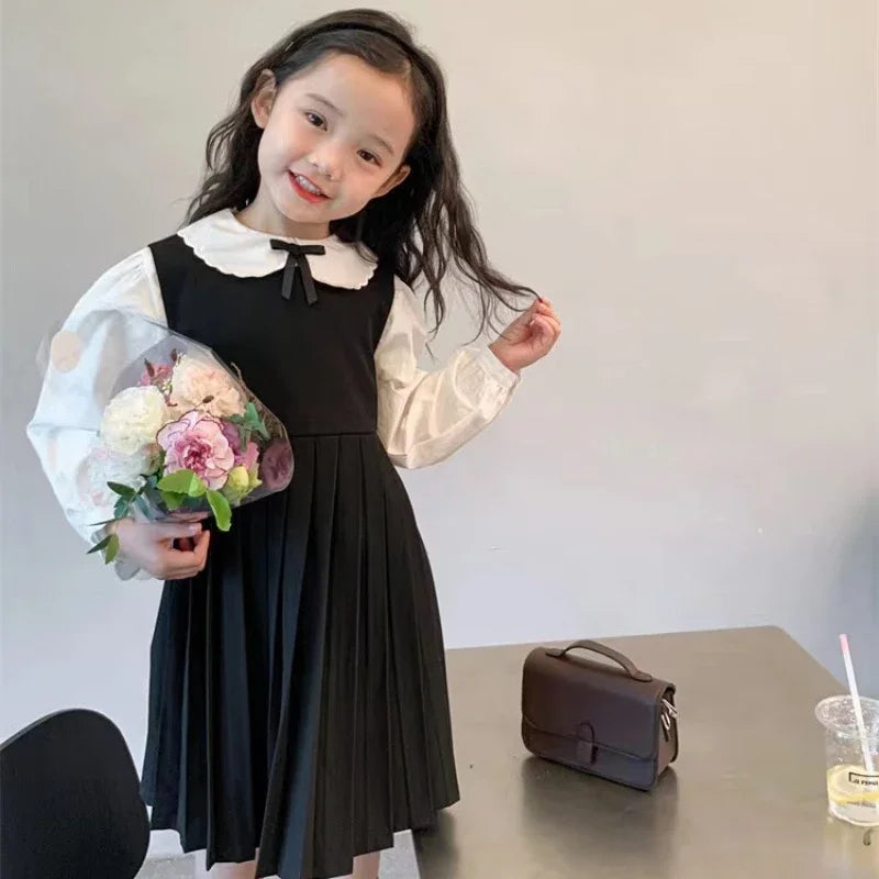 School Uniform Girls Sundress Children White Long Sleeve Blouse+sleeveless Dress 2 Piece Sets Baby Top Skirts Suit Kids Dresses