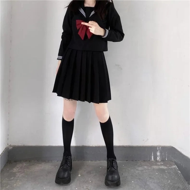 2025 Japanese School Uniform Girls Jk Suit Red Tie Black Oversized Patchwork Basic Sailor Uniform Women Long Sleeve Suit