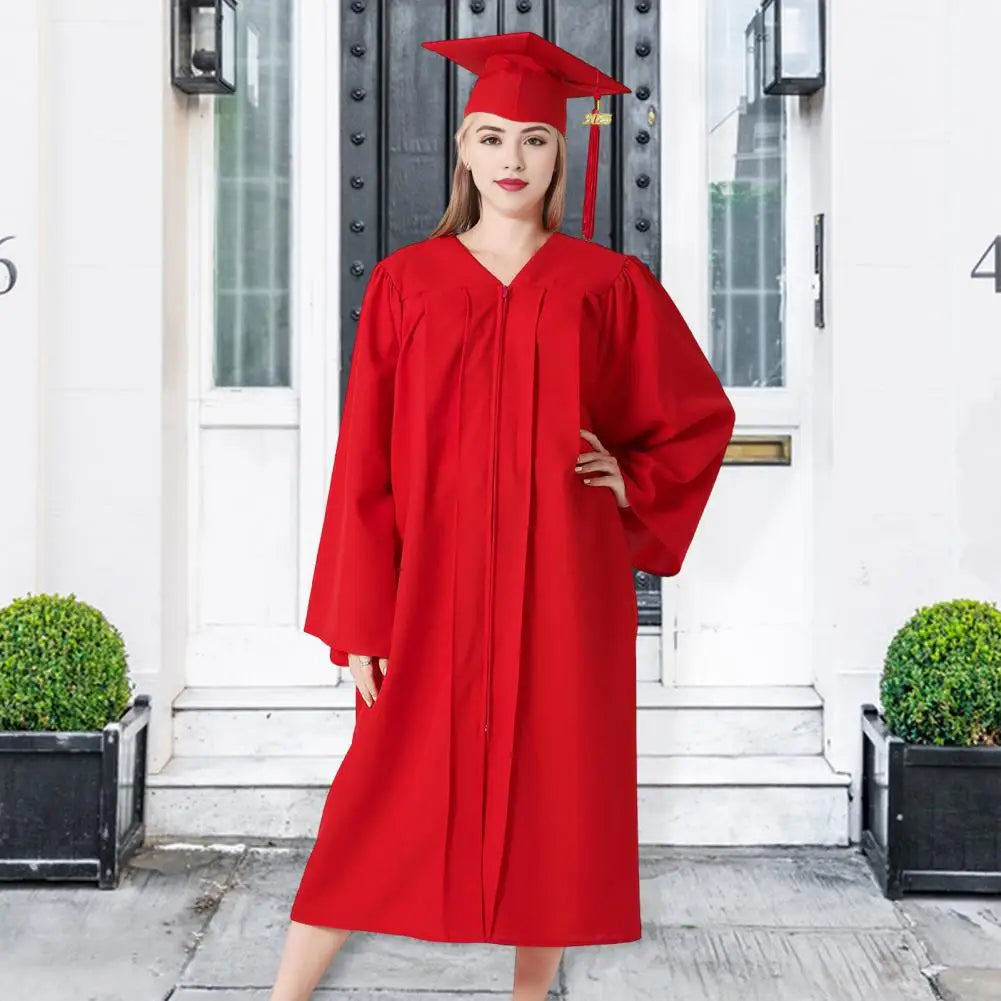 Bachelor Uniform with Hat V Neck Knee Length Long Sleeve Hidden Button Student Graduation Robe Doctor Master Graduation Clothes