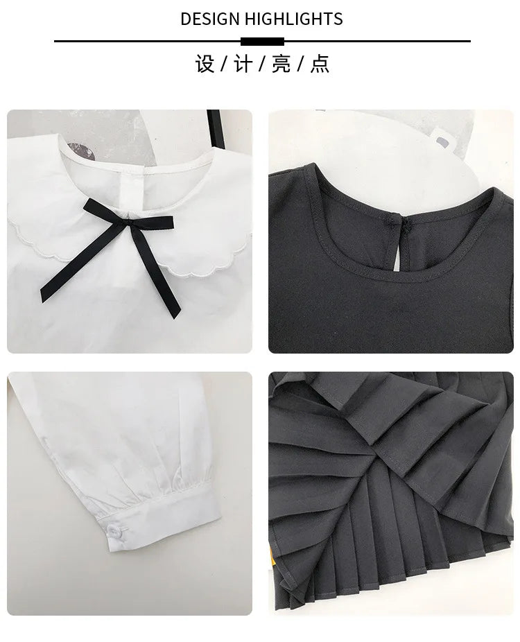 School Uniform Girls Sundress Children White Long Sleeve Blouse+sleeveless Dress 2 Piece Sets Baby Top Skirts Suit Kids Dresses