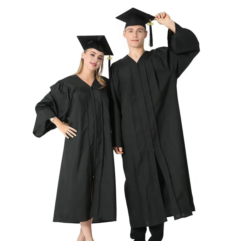 Bachelor Uniform with Hat V Neck Knee Length Long Sleeve Hidden Button Student Graduation Robe Doctor Master Graduation Clothes