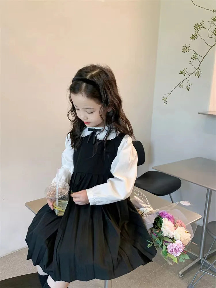 School Uniform Girls Sundress Children White Long Sleeve Blouse+sleeveless Dress 2 Piece Sets Baby Top Skirts Suit Kids Dresses
