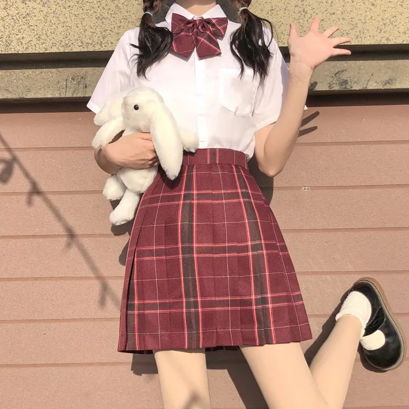 Japanese School Uniform Korean Student JK Seifuku Blouse Pleated Skirt Sailor Full Set Girl Plaid Skirt Pink Uniforms for Woman