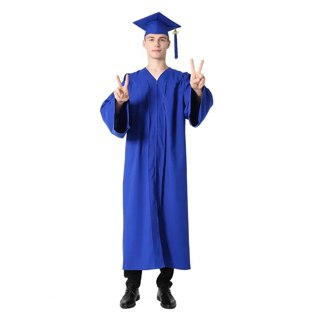 Bachelor Uniform with Hat V Neck Knee Length Long Sleeve Hidden Button Student Graduation Robe Doctor Master Graduation Clothes