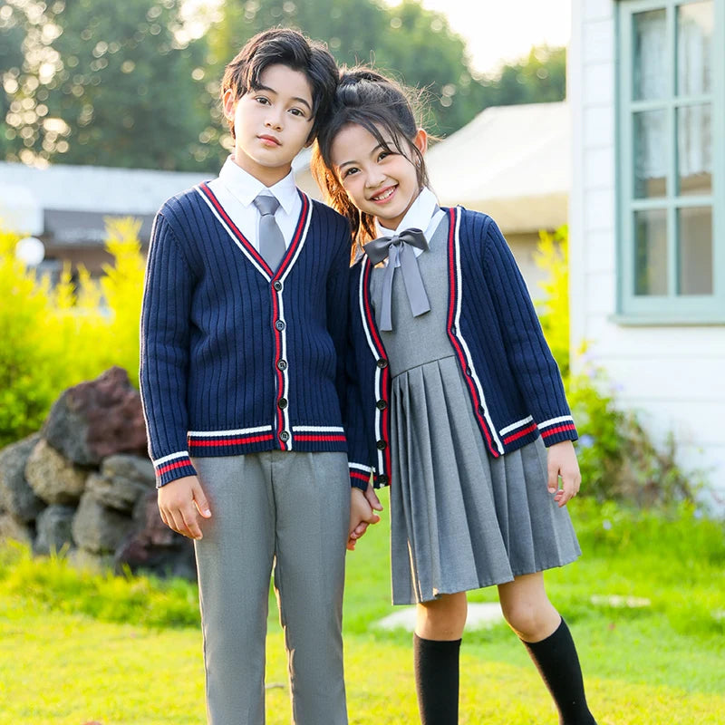Child School Uniform outfits Navy Sweater cardigan+shirt+pants (dress)+tie 4pcs Boys girls JK clothes Suit Kid Student Class Set