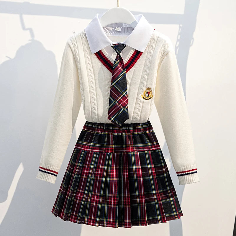 School Uniform for Teens School Uniform for Girls Children Costume Kids Suit Preppy Sweater Skirt Clothes for Girls 12 13 14