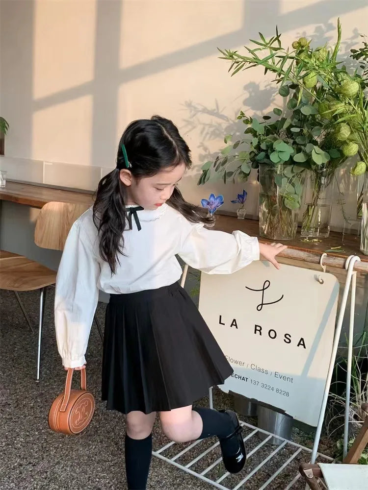 School Uniform Girls Sundress Children White Long Sleeve Blouse+sleeveless Dress 2 Piece Sets Baby Top Skirts Suit Kids Dresses