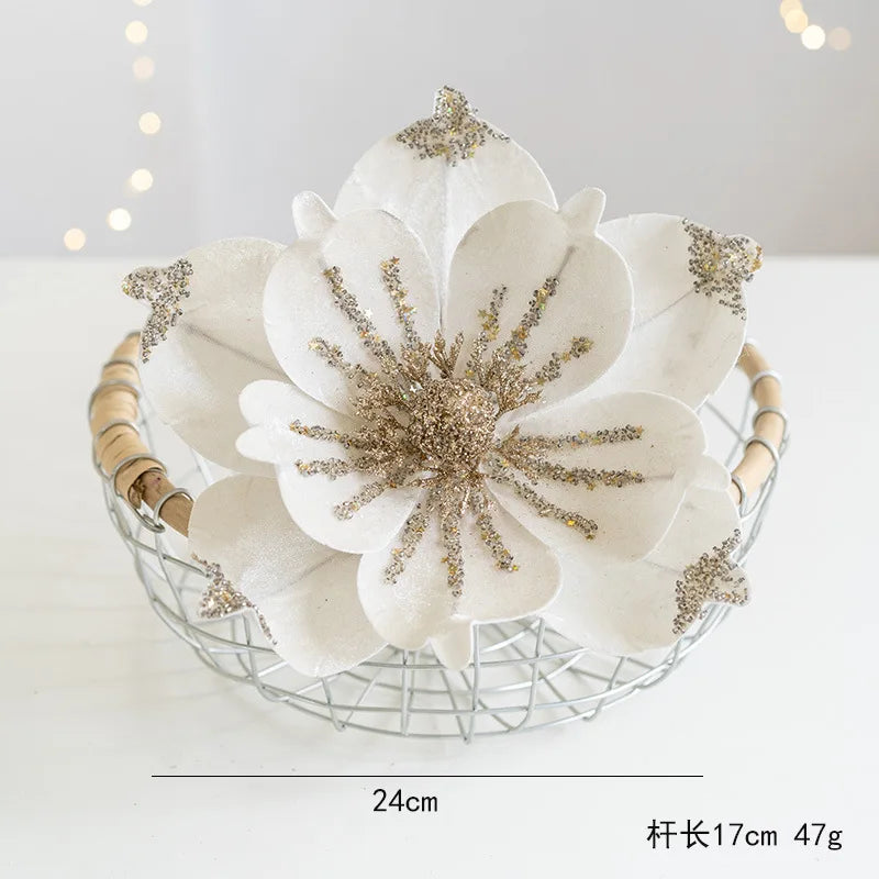 Christmas Tree Poinsettia Flower Cream White Velvet Magnolia Artificial Floral Ornaments for Xmas Decoration Wedding Centerpiece