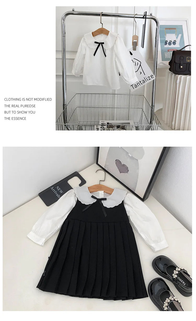 School Uniform Girls Sundress Children White Long Sleeve Blouse+sleeveless Dress 2 Piece Sets Baby Top Skirts Suit Kids Dresses