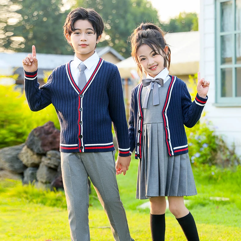 Child School Uniform outfits Navy Sweater cardigan+shirt+pants (dress)+tie 4pcs Boys girls JK clothes Suit Kid Student Class Set