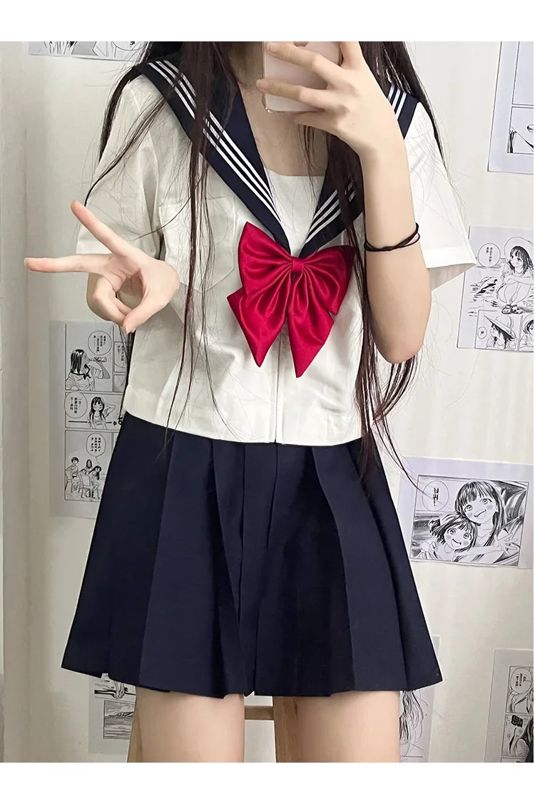 2025 new Japanese school uniform girls plus size Jk suit Spring red tie white three basic sailor uniform women's long skirt suit