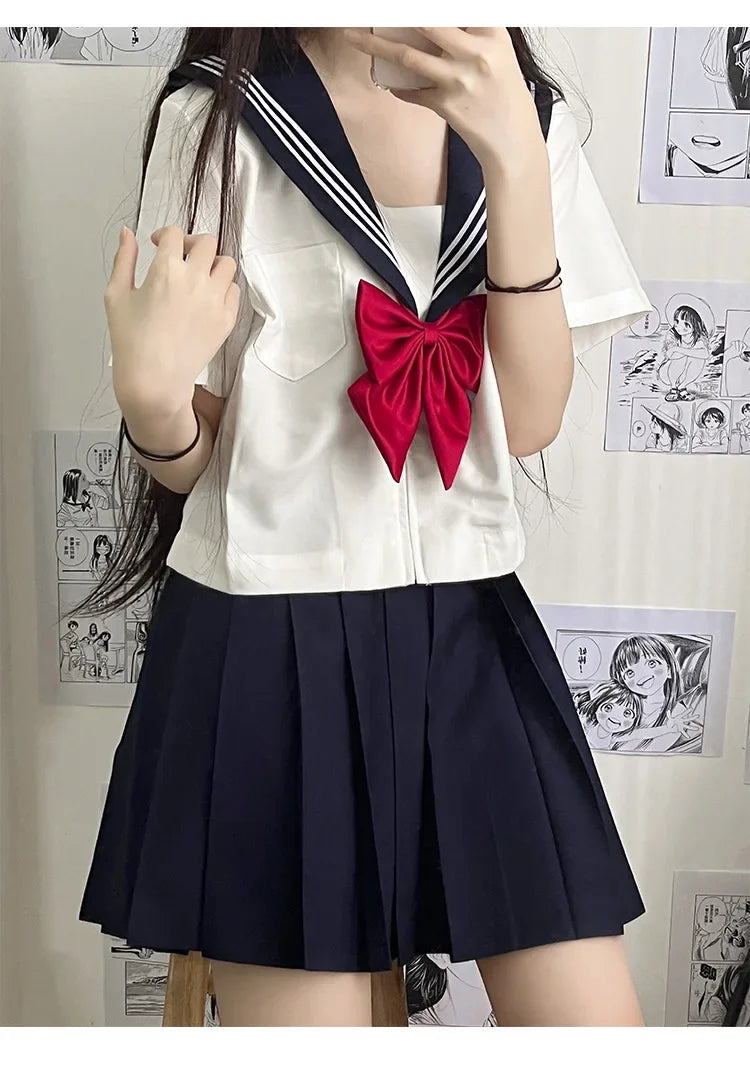 2025 new Japanese school uniform girls plus size Jk suit Spring red tie white three basic sailor uniform women's long skirt suit