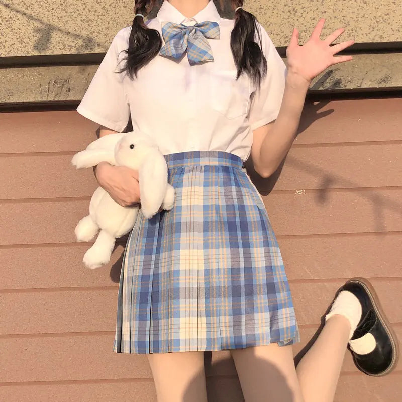 Japanese School Uniform Korean Student JK Seifuku Blouse Pleated Skirt Sailor Full Set Girl Plaid Skirt Pink Uniforms for Woman
