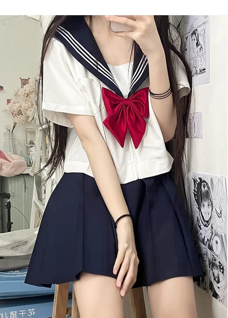 2025 new Japanese school uniform girls plus size Jk suit Spring red tie white three basic sailor uniform women's long skirt suit