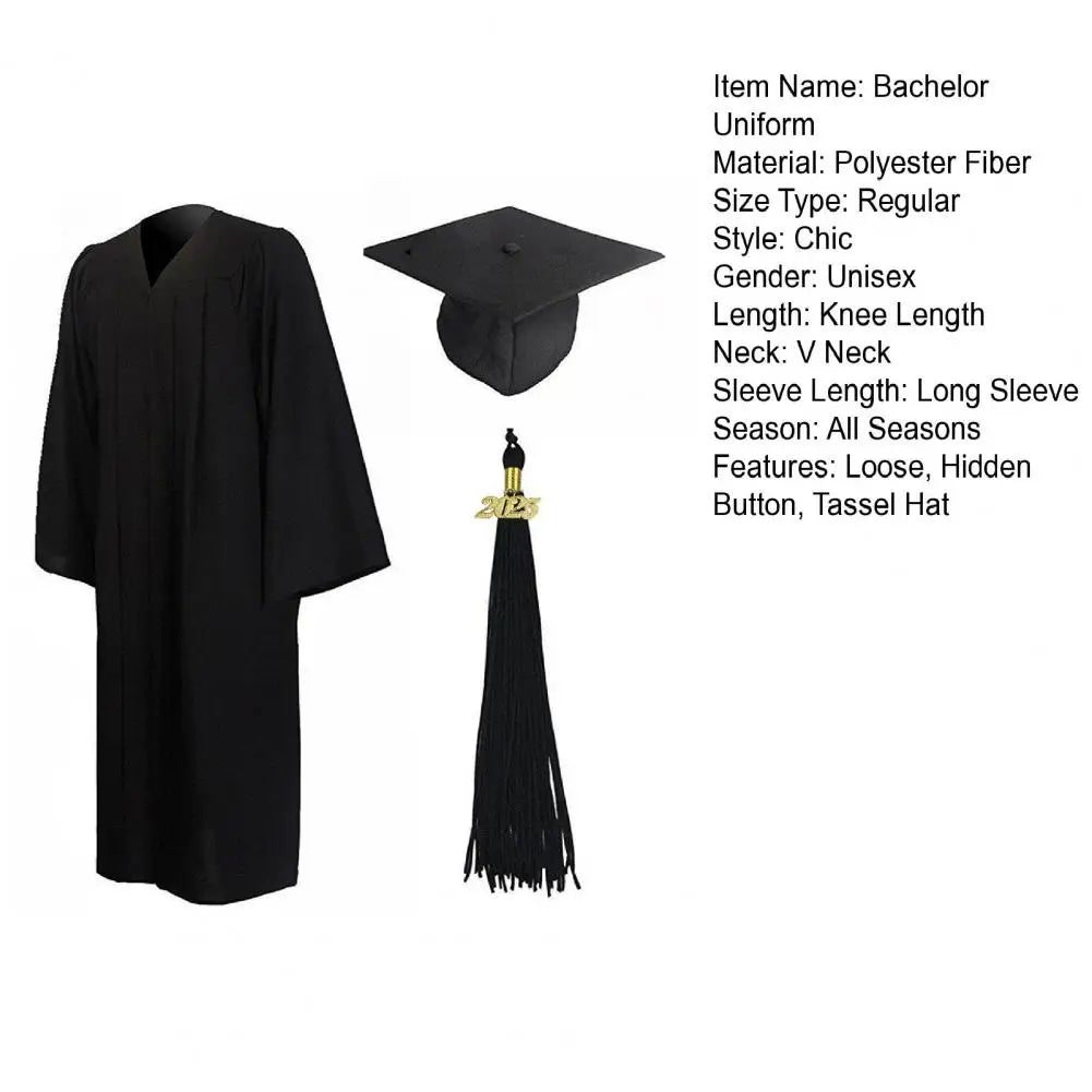 Bachelor Uniform with Hat V Neck Knee Length Long Sleeve Hidden Button Student Graduation Robe Doctor Master Graduation Clothes