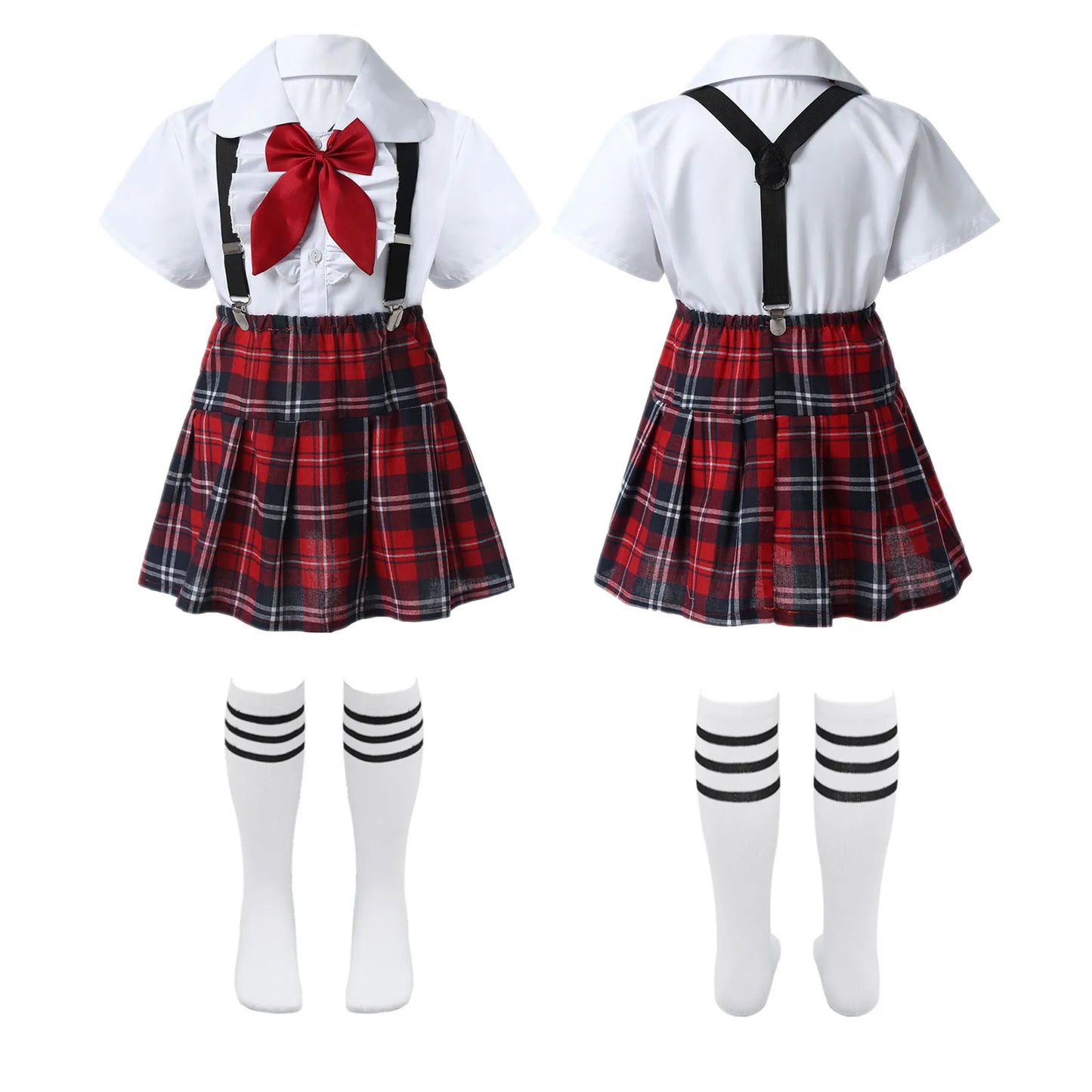 Kids Girls Student School Uniform Shirt Top with Suspenders Skirt Socks Children Choir Stage Performance Suit Schoolgirl Costume