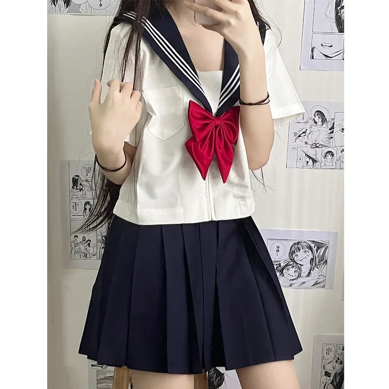 2025 new Japanese school uniform girls plus size Jk suit Spring red tie white three basic sailor uniform women's long skirt suit