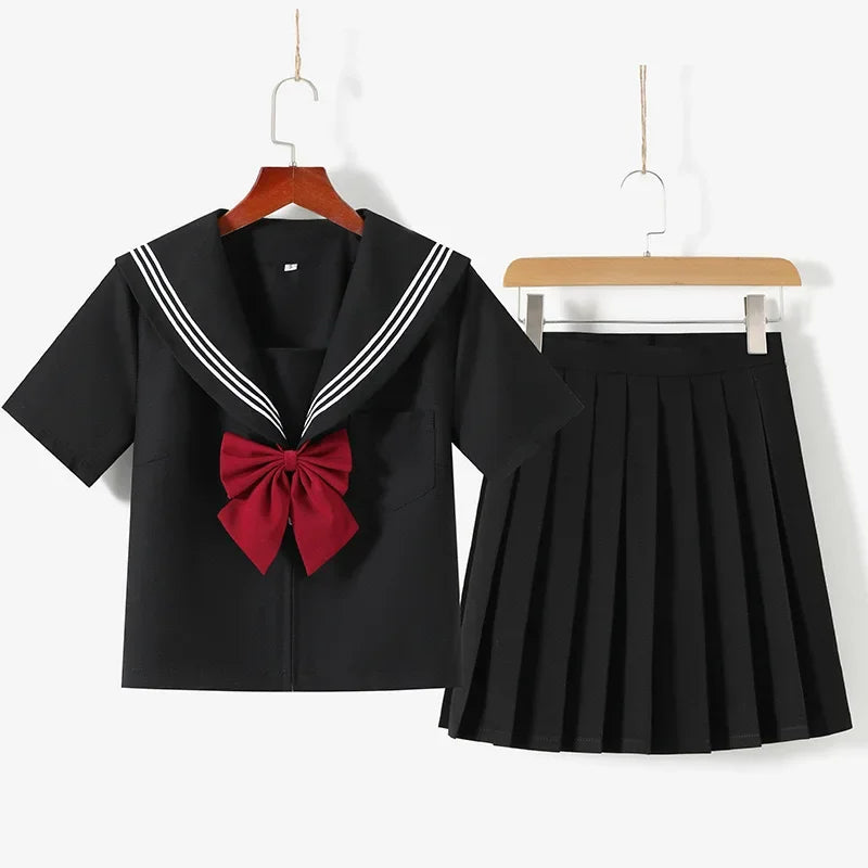 2025 Japanese School Uniform Girls Jk Suit Red Tie Black Oversized Patchwork Basic Sailor Uniform Women Long Sleeve Suit