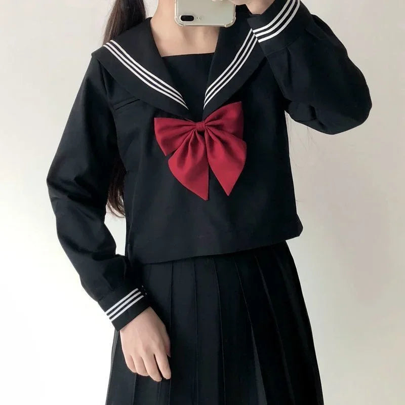 2025 Japanese School Uniform Girls Jk Suit Red Tie Black Oversized Patchwork Basic Sailor Uniform Women Long Sleeve Suit
