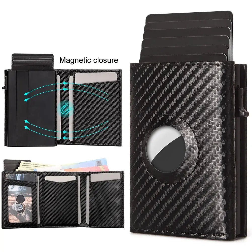 Men Smart Wallet Credit Card Holder for AirTag Carbon Fiber Aluminum Automatic Pop Out Cardholder Case with Money Clip