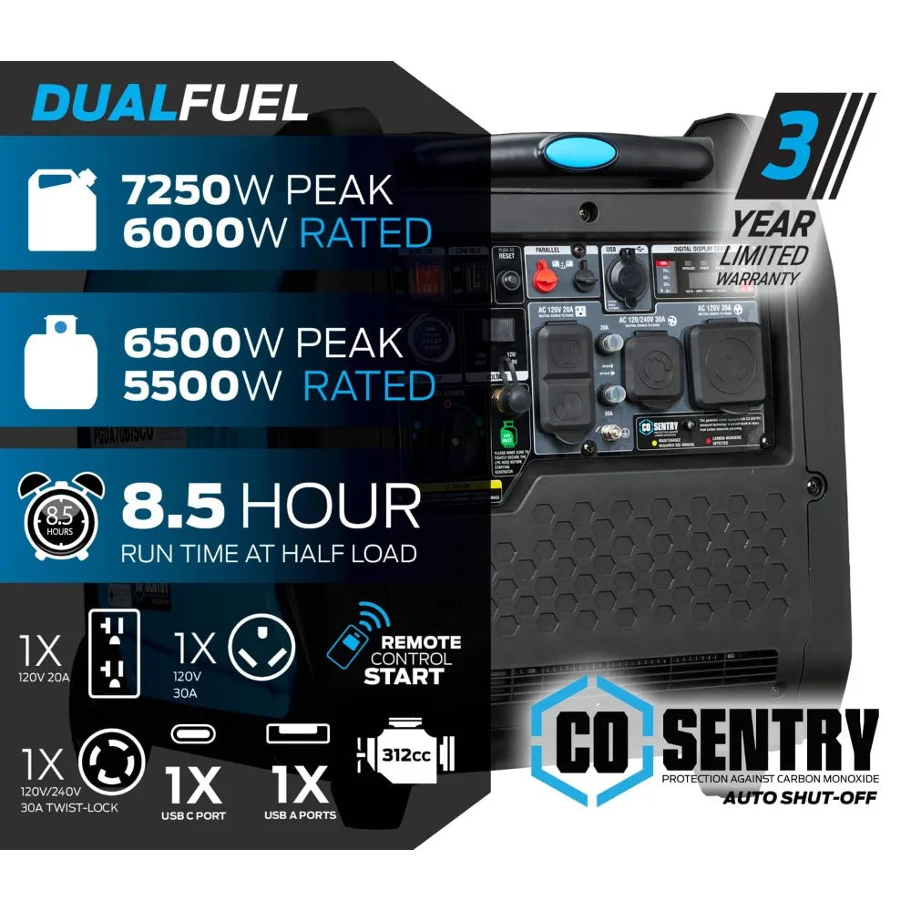 7,250-Watt Super Quiet Dual Fuel Inverter Generator with Remote Start