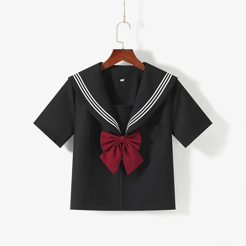2025 Japanese School Uniform Girls Jk Suit Red Tie Black Oversized Patchwork Basic Sailor Uniform Women Long Sleeve Suit