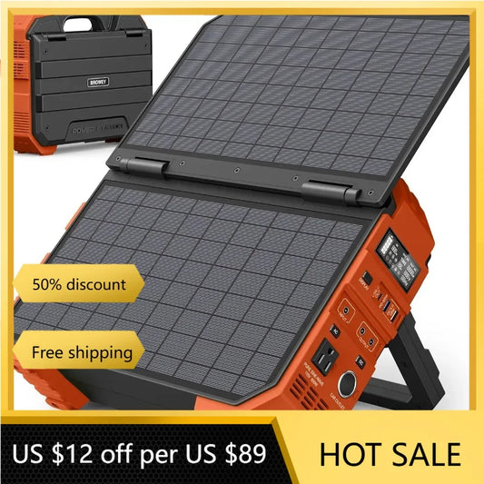 Portable Power Station with Built-in Solar Panel, 614WH/192000mAh LiFePO4 Battery Pack, 600W Solar Generator