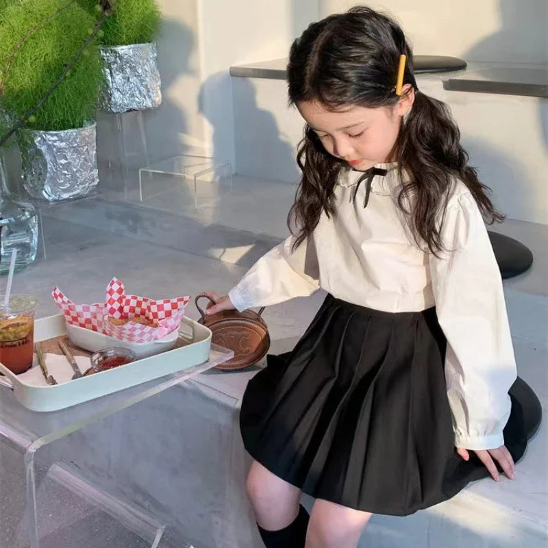 School Uniform Girls Sundress Children White Long Sleeve Blouse+sleeveless Dress 2 Piece Sets Baby Top Skirts Suit Kids Dresses