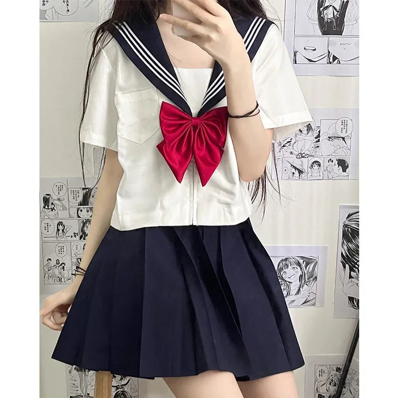 2025 new Japanese school uniform girls plus size Jk suit Spring red tie white three basic sailor uniform women's long skirt suit