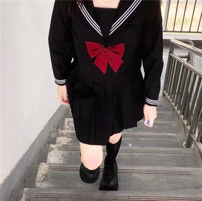 2025 Japanese School Uniform Girls Jk Suit Red Tie Black Oversized Patchwork Basic Sailor Uniform Women Long Sleeve Suit