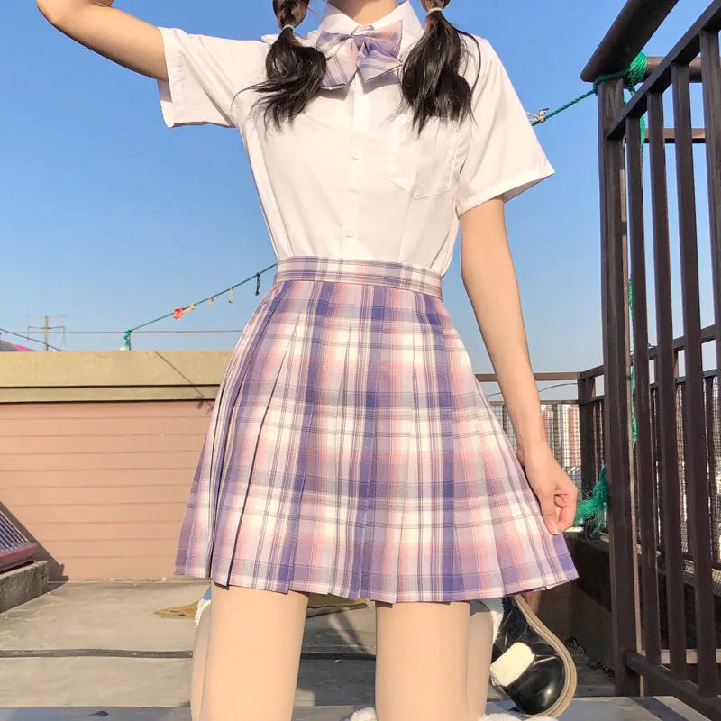 Japanese School Uniform Korean Student JK Seifuku Blouse Pleated Skirt Sailor Full Set Girl Plaid Skirt Pink Uniforms for Woman