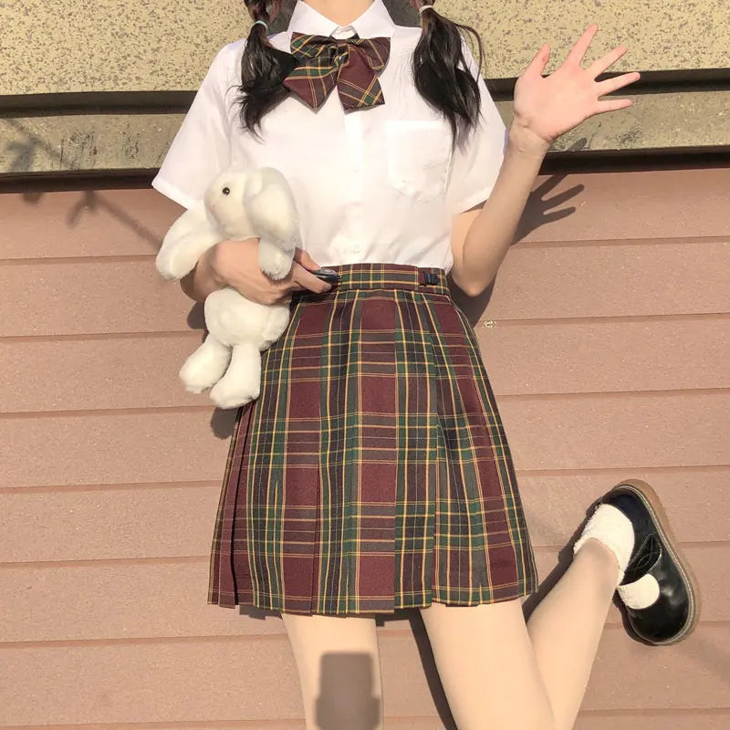 Japanese School Uniform Korean Student JK Seifuku Blouse Pleated Skirt Sailor Full Set Girl Plaid Skirt Pink Uniforms for Woman