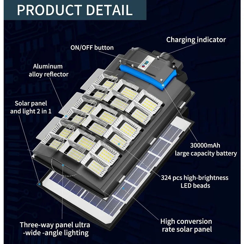 2000W Solar Street Lights Outdoor, 280000LM Commercial Parking Lot Light Dusk to Dawn, 6500K Solar Security Flood Motion Sensor