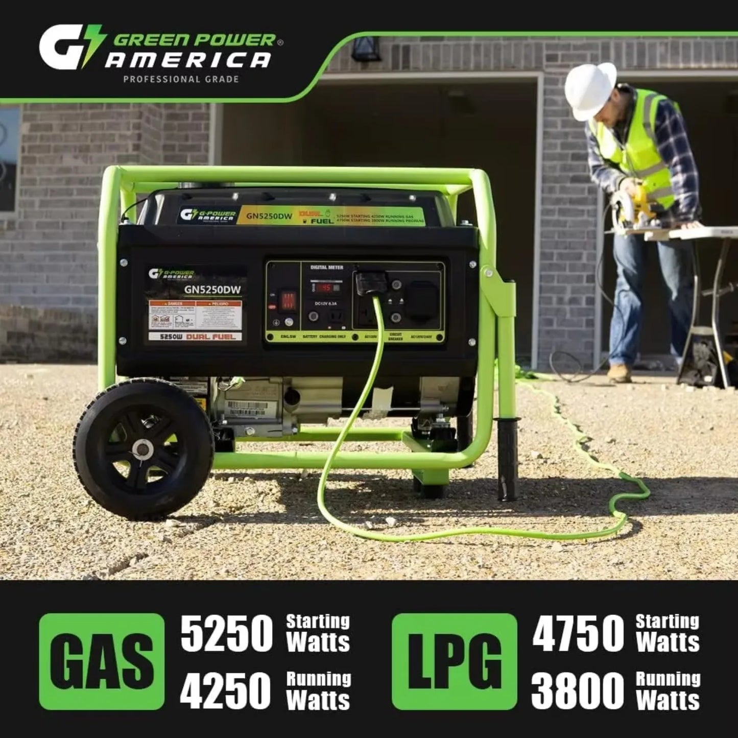 Dual Fuel Portable Generator 5250 Watt Gas or Propane Powered, Manual Recoil Start, 120v and 240v AC output, 12V-8.3A Charging