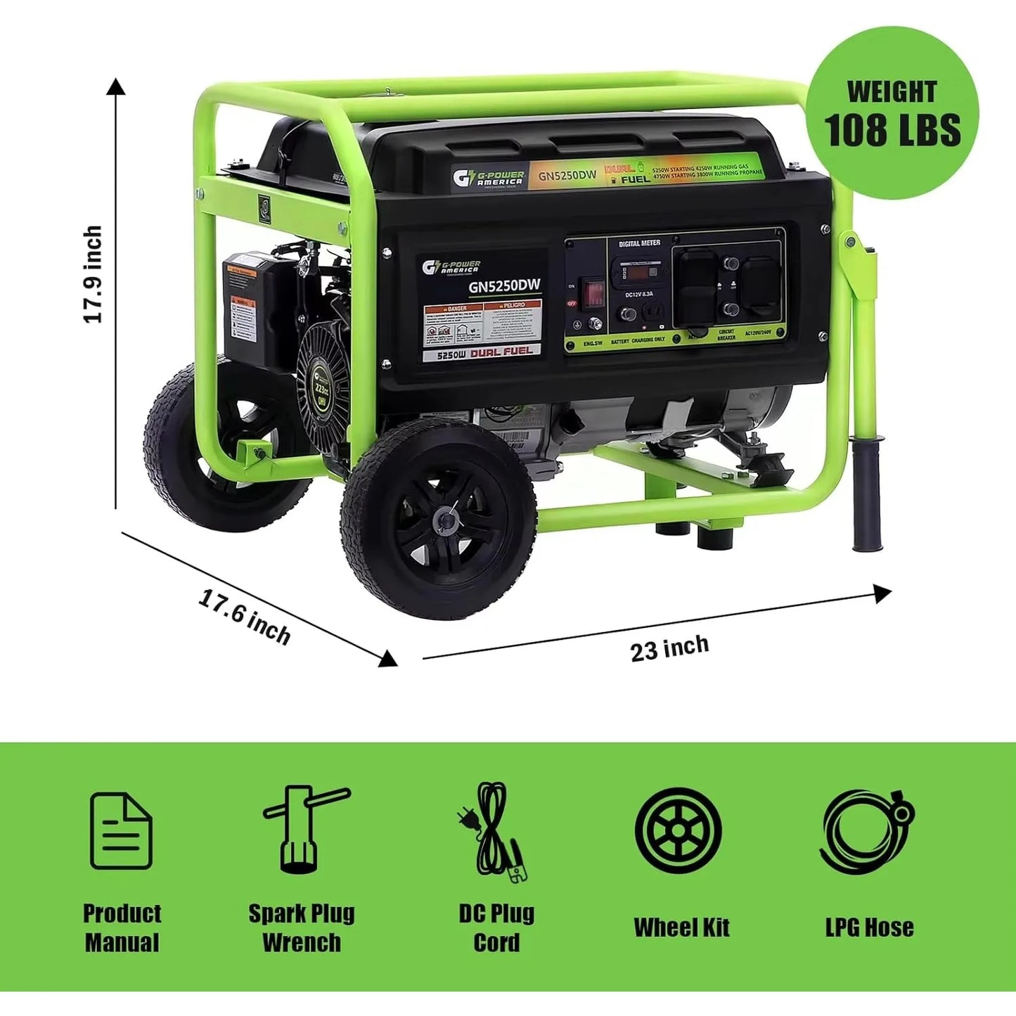 Dual Fuel Portable Generator 5250 Watt Gas or Propane Powered, Manual Recoil Start, 120v and 240v AC output, 12V-8.3A Charging