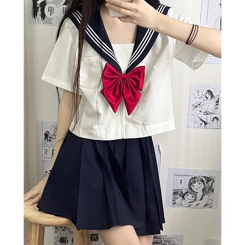2025 new Japanese school uniform girls plus size Jk suit Spring red tie white three basic sailor uniform women's long skirt suit
