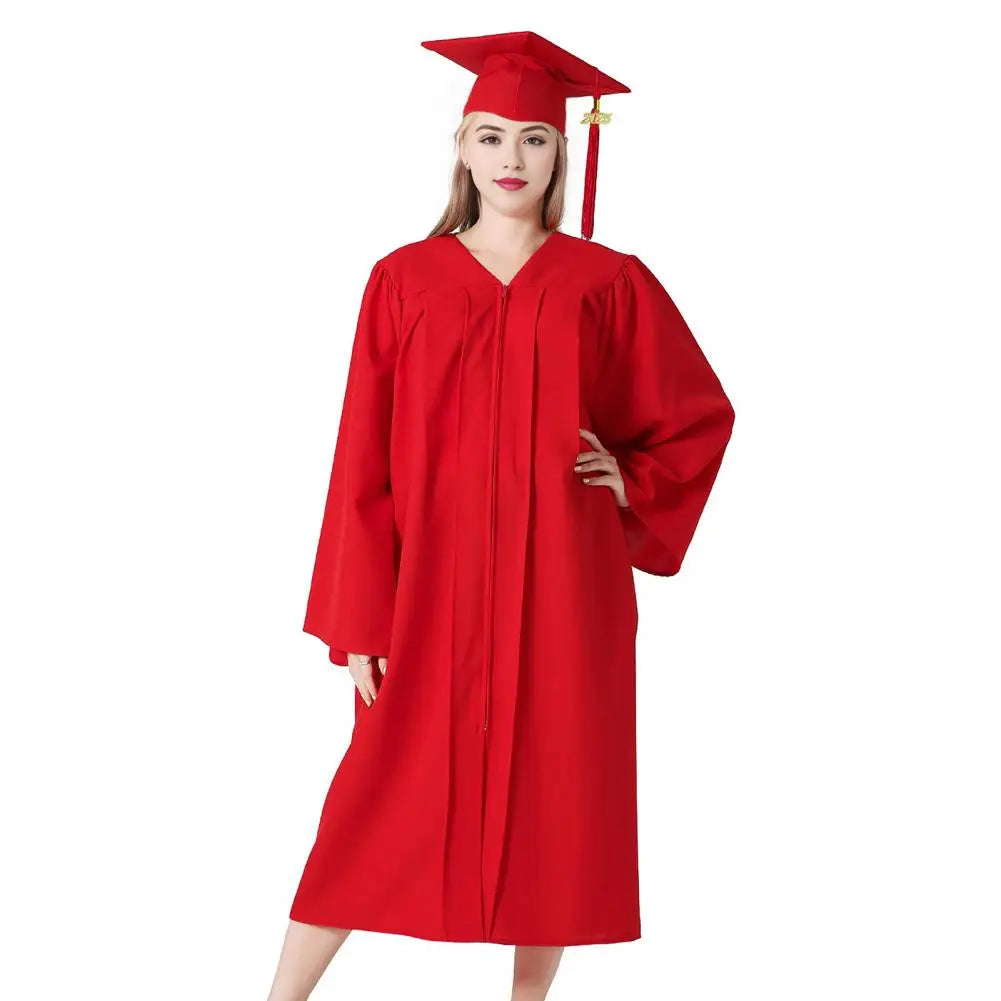 Bachelor Uniform with Hat V Neck Knee Length Long Sleeve Hidden Button Student Graduation Robe Doctor Master Graduation Clothes