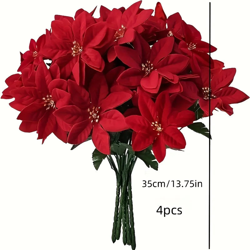 4pcs Artificial Red Poinsettia Flowers, Christmas Decorations for Home, Table Centerpieces, Wedding Decor, Christmas Tree