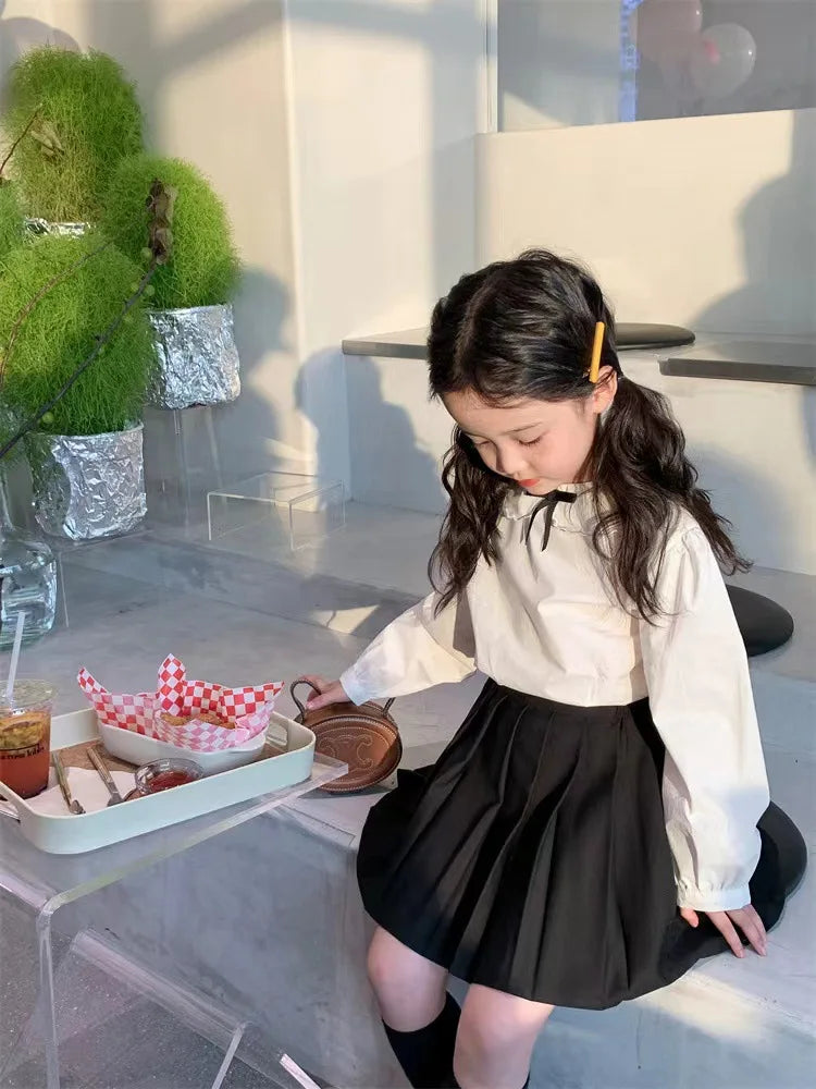 School Uniform Girls Sundress Children White Long Sleeve Blouse+sleeveless Dress 2 Piece Sets Baby Top Skirts Suit Kids Dresses