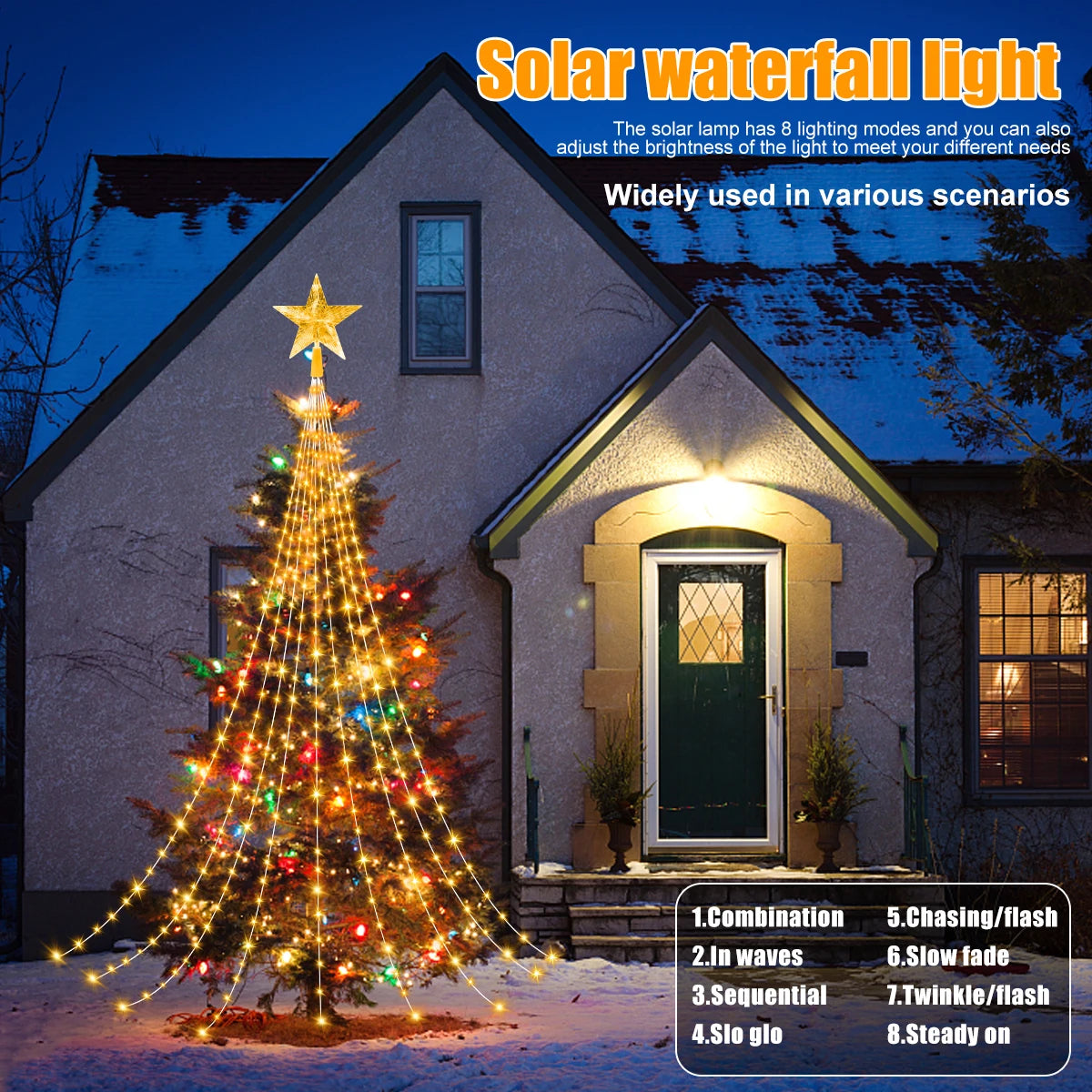 Solar Christmas Decoration Star String Lights 2/3M 8 Modes Waterfall Christmas Tree Fairy Lights for Outdoor Wedding Holiday