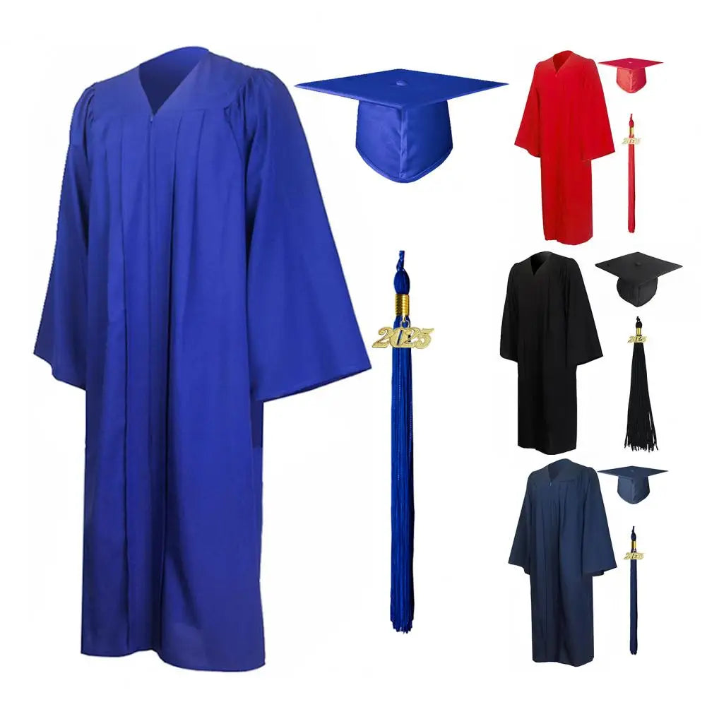 Bachelor Uniform with Hat V Neck Knee Length Long Sleeve Hidden Button Student Graduation Robe Doctor Master Graduation Clothes