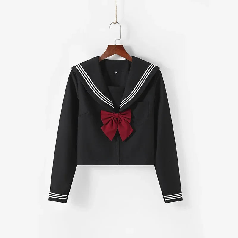 2025 Japanese School Uniform Girls Jk Suit Red Tie Black Oversized Patchwork Basic Sailor Uniform Women Long Sleeve Suit