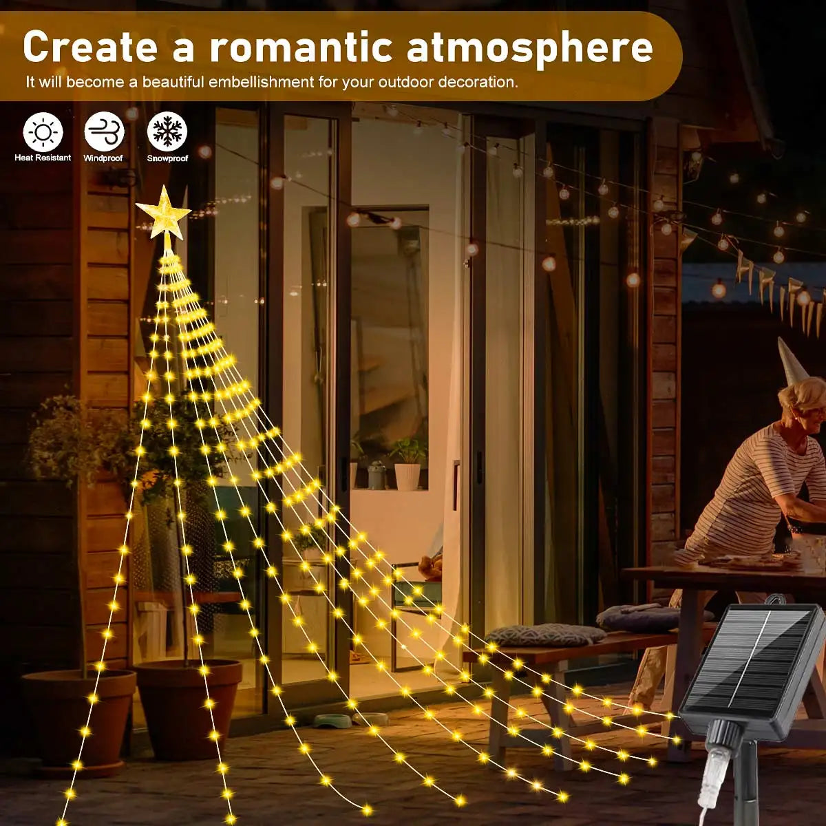 Solar Christmas Decoration Star String Lights 2/3M 8 Modes Waterfall Christmas Tree Fairy Lights for Outdoor Wedding Holiday