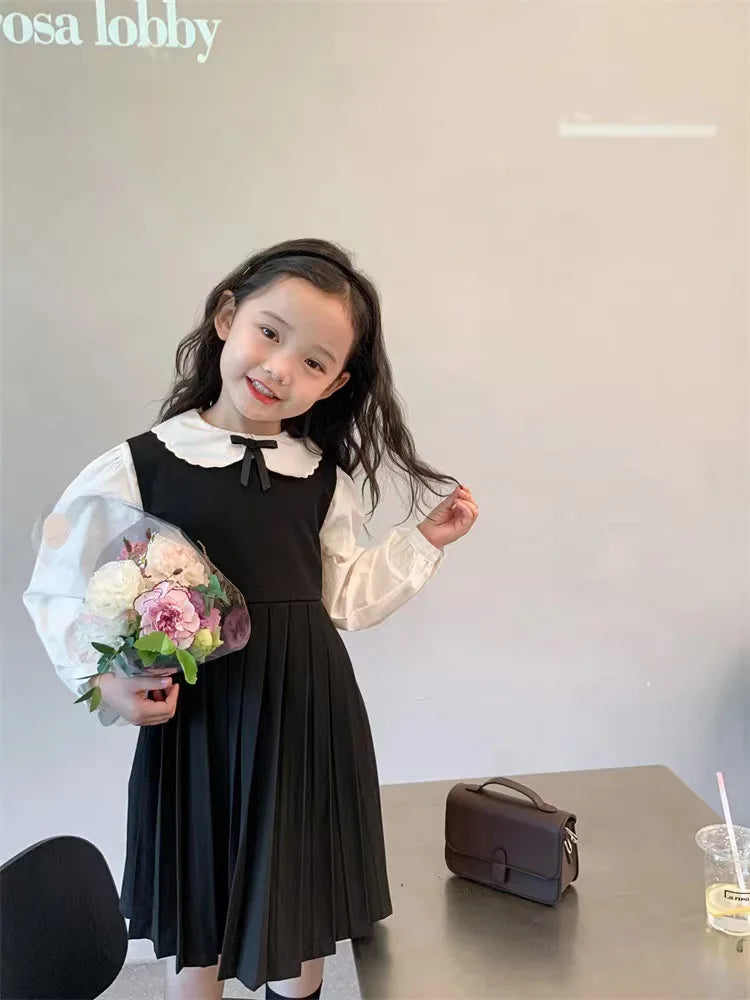 School Uniform Girls Sundress Children White Long Sleeve Blouse+sleeveless Dress 2 Piece Sets Baby Top Skirts Suit Kids Dresses
